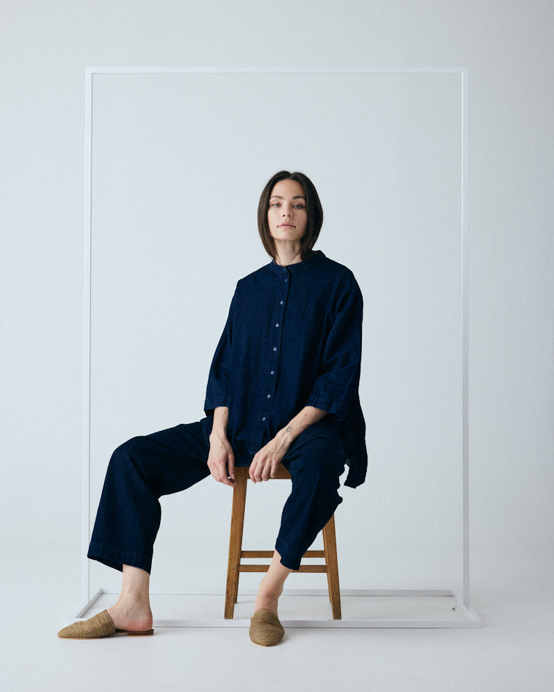 FRAU Seoul kort denim skjorte Shirt Dark blue denim