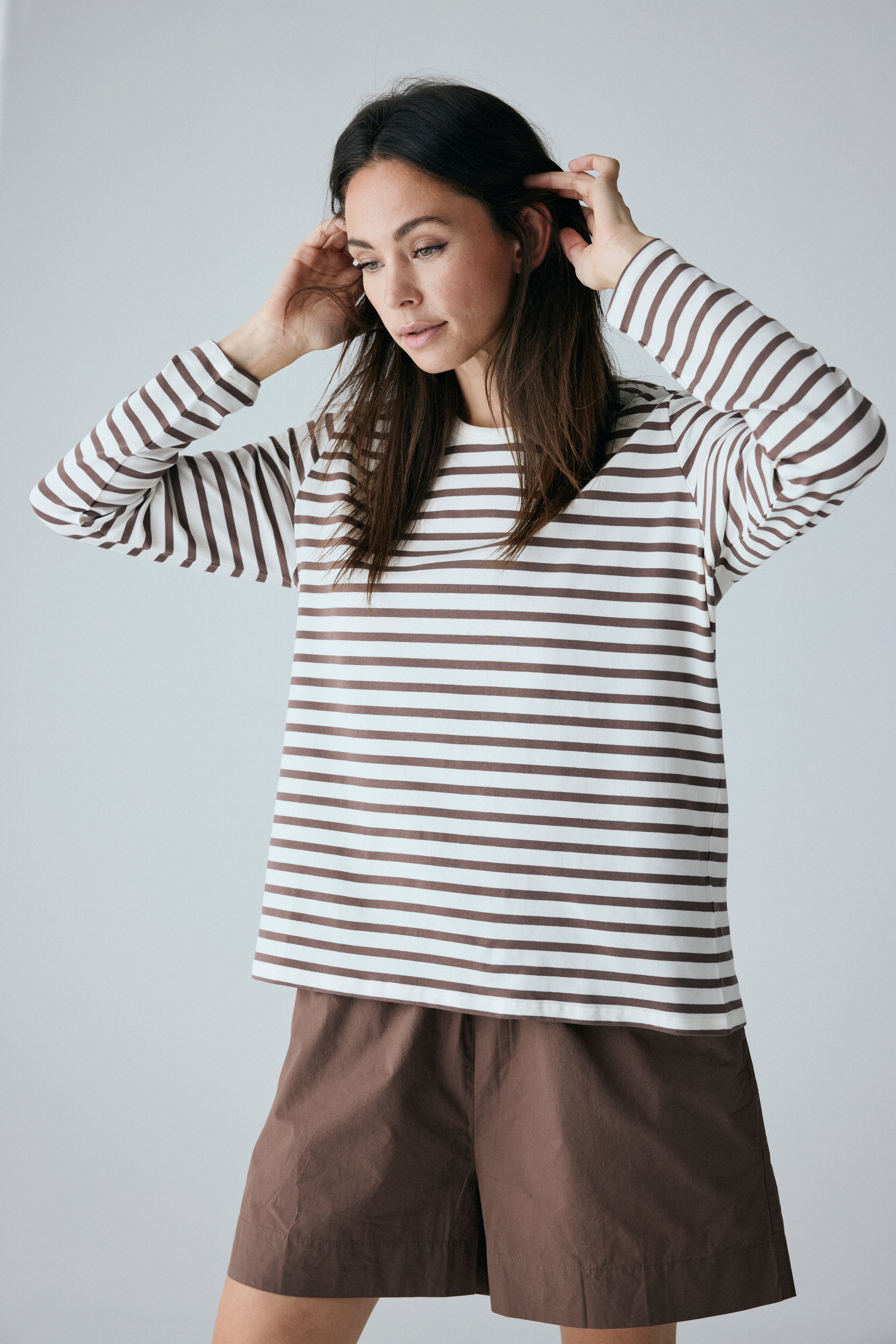 FRAU Panama cotton ls loose top Top Coffee Quartz Stripe