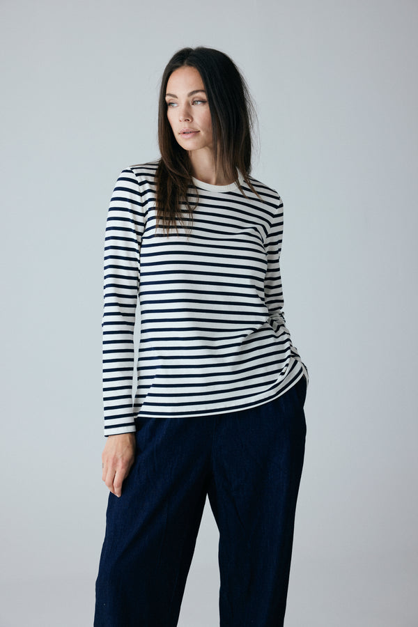 FRAU Panama cotton ls loose top Top Dark navy stripe