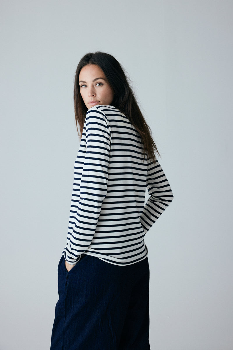 FRAU Panama cotton ls loose top Top Dark navy stripe